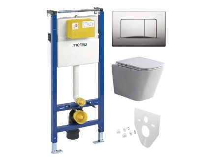 Mereo WC set - Smart flush rimless WC hranaté, modul pro sádrokarton, chrom hranaté tlačítko matné MM02NSETRT321