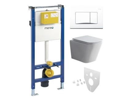 Mereo WC set - Smart flush rimless WC hranaté, modul pro sádrokarton, bílé hranaté tlačítko MM02NSETRT320