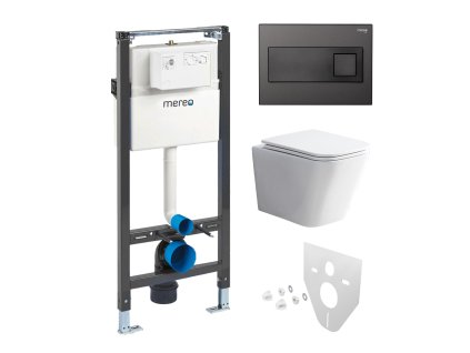 Mereo WC set - Rimless WC hranaté, modul pro sádrokarton, černé hranaté tlačítko MM02NSETRS331