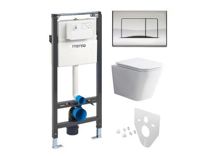 Mereo WC set - Rimless WC hranaté, modul pro sádrokarton, chrom hranaté tlačítko lesklé MM02NSETRS322