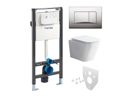 Mereo WC set - Rimless WC hranaté, modul pro sádrokarton, chrom hranaté tlačítko matné MM02NSETRS321