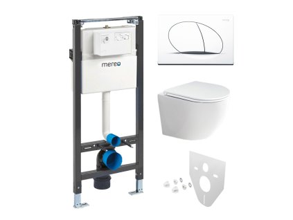 Mereo WC set - Rimless WC oblé, modul pro sádrokarton, bílé oválné tlačítko MM02NSETRS210