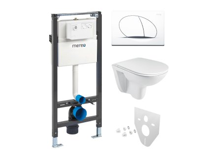 Mereo WC set - Rimless WC oblé, modul pro sádrokarton, bílé oválné tlačítko MM02NSETRS110