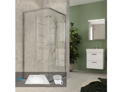 Mereo Kora Lite sprchový set: sprchový kout 80x80x185cm, chrom ALU, sklo čiré, 80 cm, vanička, sifon CK34133ZM