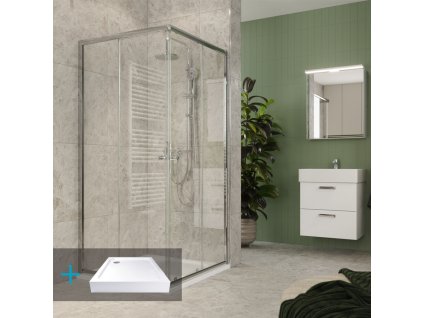 Mereo Kora Lite sprchový set: sprchový kout 80x80x185cm, chrom ALU, sklo čiré, 80 cm, vanička, sifon CK34133ZH