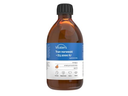 Vitaler's Norwegian Cod Liver Oil Omega-3 1200 mg D3 2000 IU, 1200 mg - 250 ml (Příchuť Pomeranč)