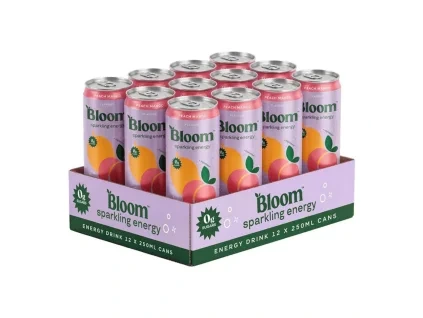 Bloom Sparkling Energy Drinks Peach Mango Flavour 12x250ml Cans 1050x