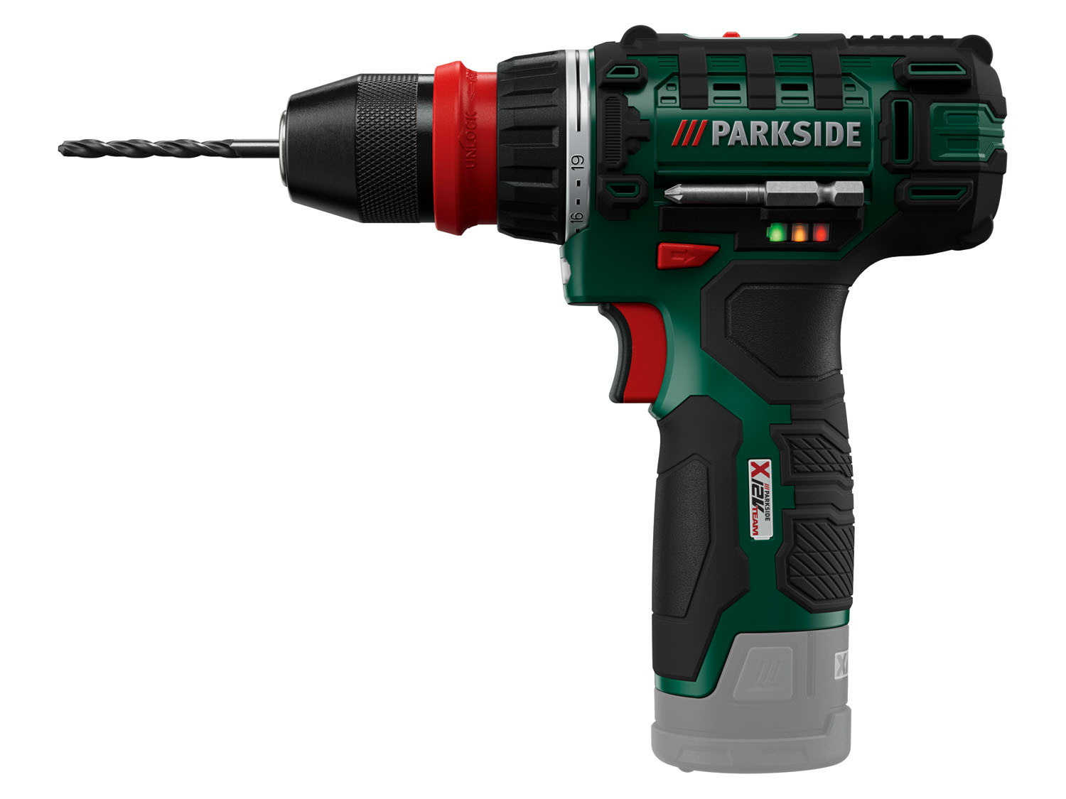 Parkside Aku vrtací šroubovák PBSA 12 E4 + 2 Ah, nabiječka a sada bitů