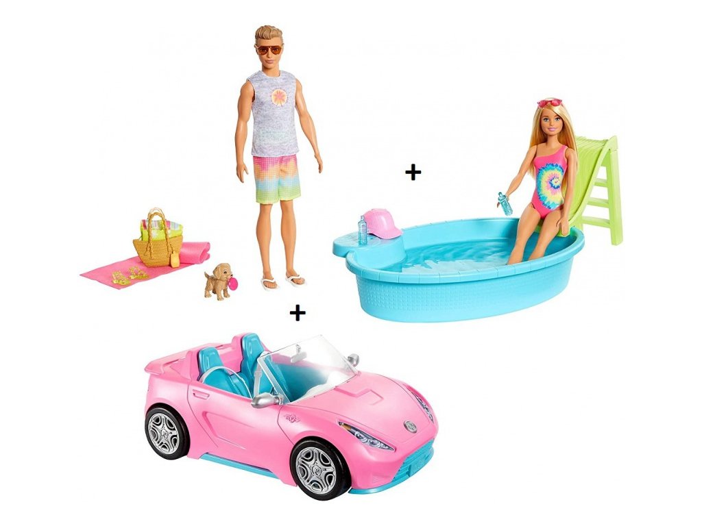 E-shop Mattel Barbie GJB71 Elegantný kabriolet + Barbie, bazén so šmykľavkou a Ken