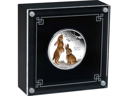 australian lunar series iii stribrna mince 1oz 2023 year of the rabbit proof barvena v krabicce display