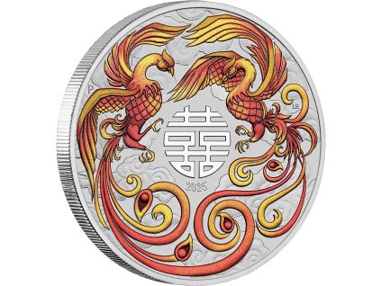 chinese myths and legends stribrna mince 1oz 2025 double phoenix coloured fire red gold