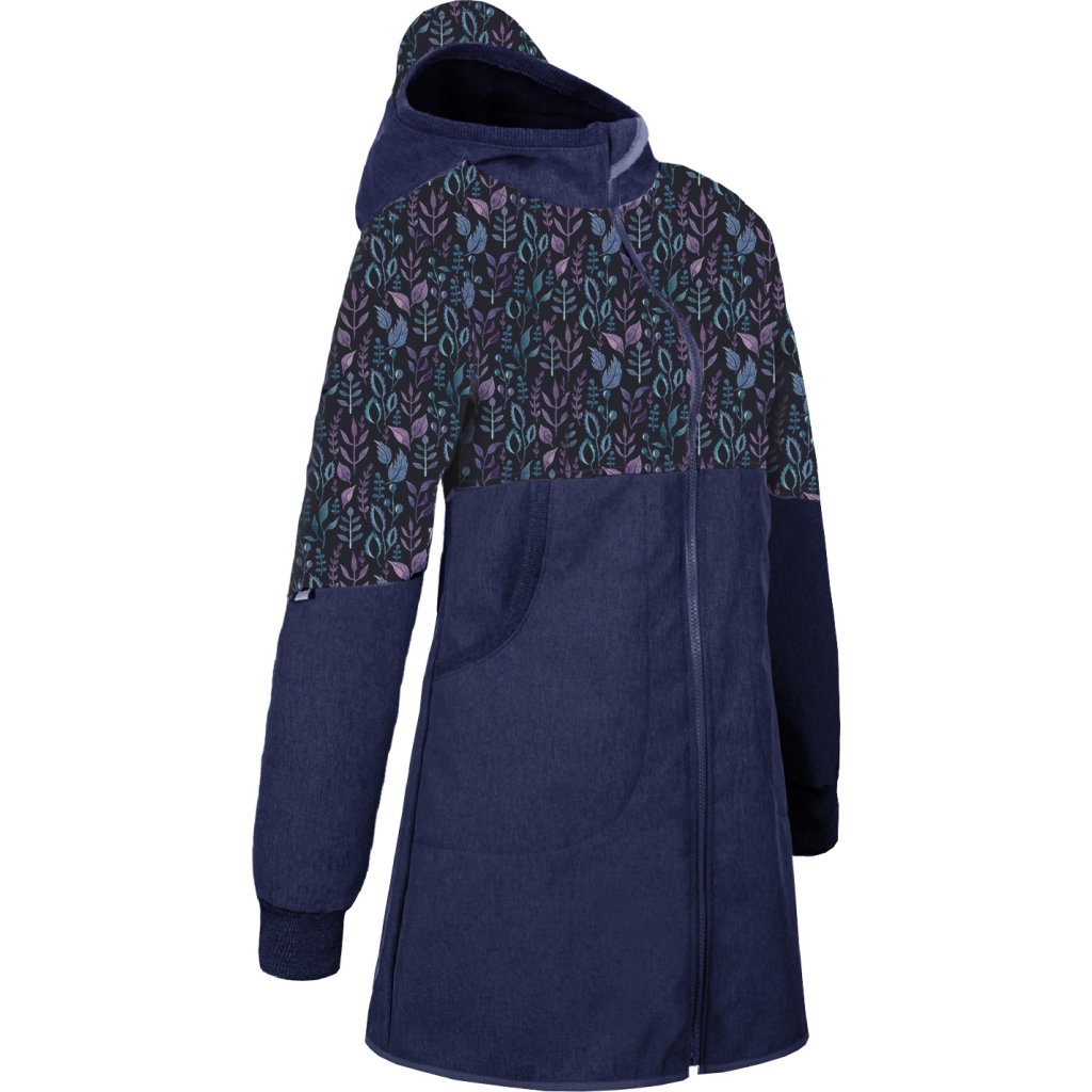 Dámský softshellový kabát UNUO s fleecem, Žíhaná Tm. Modrá, Lístečky