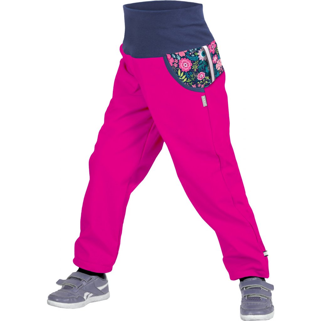 Dětské softshellové kalhoty UNUO s fleecem Květinky Fuchsiové (Softshell kids trousers)
