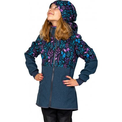 Dívčí softshellový kabát UNUO Street s fleecem, Žíhaná Tm. Modrá, Lístečky