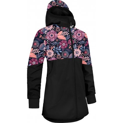 Dívčí softshellový kabát UNUO Street s fleecem, Černá, Kouzelné květiny