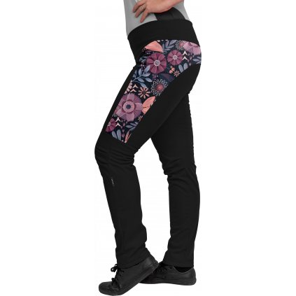 Dámské softshellové kalhoty UNUO Action pružné s fleecem, Černá, Kouzelné květiny