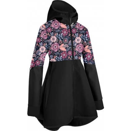 Dívčí softshellový kabát UNUO s fleecem Romantico, Černá, Kouzelné květiny