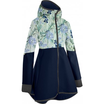 Dívčí softshellový kabát UNUO s fleecem Romantico, Tm. Modročerná, Ptáčci s kosatci