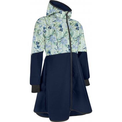 Dámský softshellový kabát UNUO s fleecem Romantico, Tm. Modročerná, Ptáčci s kosatci