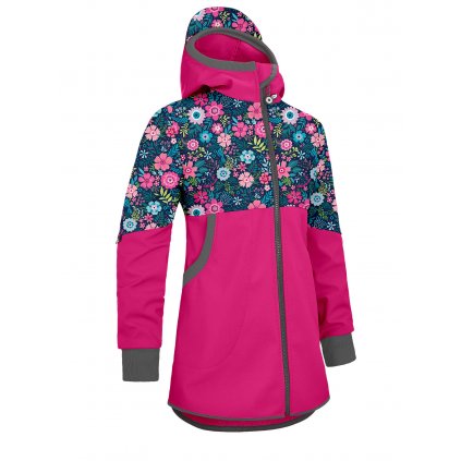 Dívčí softshellový kabát UNUO s fleecem Street, Fuchsiová, Květinky