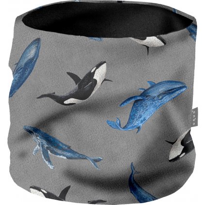 Dětský nákrčník UNUO z fleecu Basic, Šedá, Velryby (Velikost Dětská)