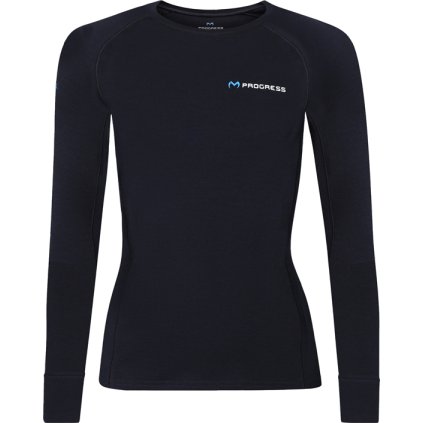 Dámské merino triko PROGRESS MT Tdrz 250 s dlouhým rukávem - černo-modrá (Velikost S)
