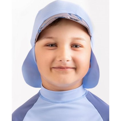 Dětská kšiltovka UNUO s plachetkou a UV ochranou 50+, Sv. Modrá, Velryby (Velikost XS (42 - 44 cm))