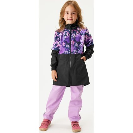 Dívčí softshellový kabát UNUO s fleecem Street, Černá, Kytky (Velikost 98/104)