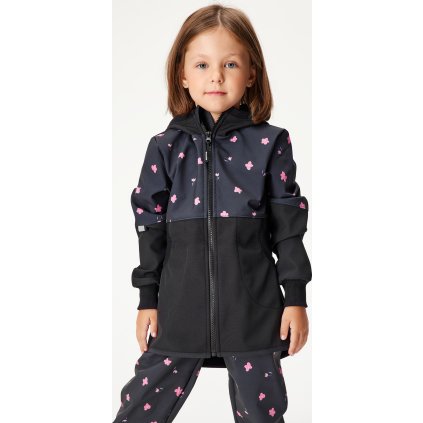 Dívčí softshellový kabát UNUO s fleecem Street, Černá, Květiny (Velikost 98/104)