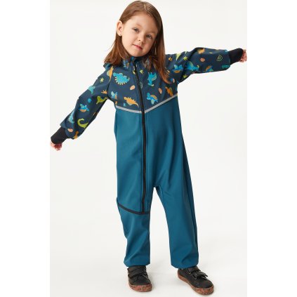 Batolecí softshellová kombinéza UNUO s fleecem Mini, Kobaltová, Dinosauři (Velikost 74/80)