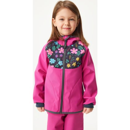 Dětská softshellová bunda UNUO s fleecem Basic, Fuchsiová, Kytičky (Velikost 80/86)