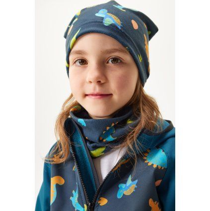 Dětská čepice fleecová UNUO Basic, Dinosauři (Velikost S (45 - 48 cm))