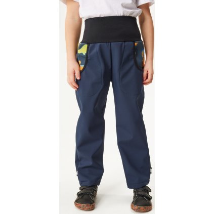 Dětské softshellové kalhoty UNUO s fleecem Basic, Tm. Modročerná, Dinosauři (Velikost 98/104)
