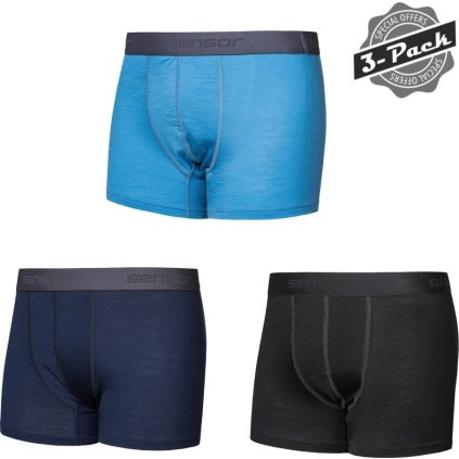 Pánské merino trenky SENSOR Active 3-pack černá/modrá/deep blue (Velikost XL, Barva modrá)