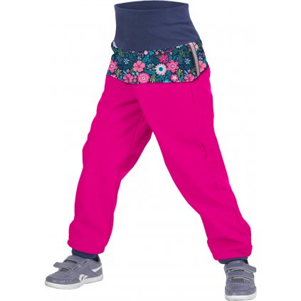 Batolecí softshellové kalhoty UNUO s fleecem Květinky fuchsiové (Softshell toodler trousers)