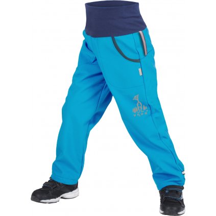 Dětské softshellové kalhoty UNUO s fleecem Tyrkysové + reflexní obrázek Evžen (Softshell kids trousers)