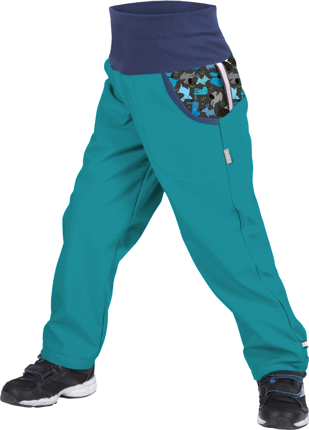 Dětské softshellové kalhoty s fleecem UNUO, Sv. Smaragdová, Pejsci Velikost: 98/104