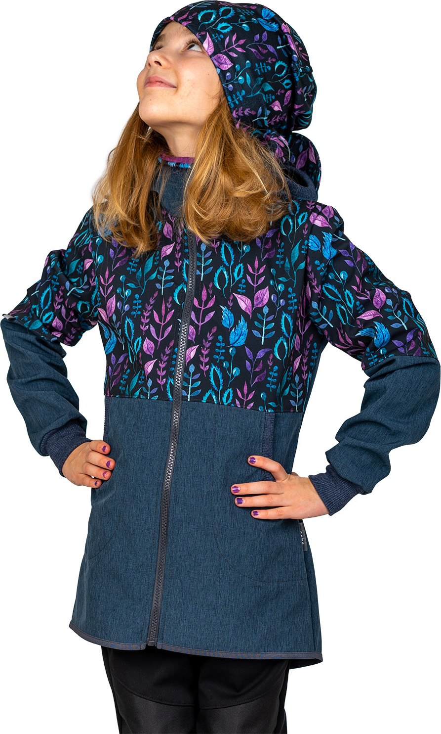 Dívčí softshellový kabát UNUO Street s fleecem, Žíhaná Tm. Modrá, Lístečky Velikost: 110/116