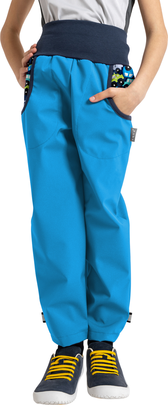 Dětské softshellové kalhoty UNUO s fleecem, Tyrkysová, Autíčka Velikost: 128/134