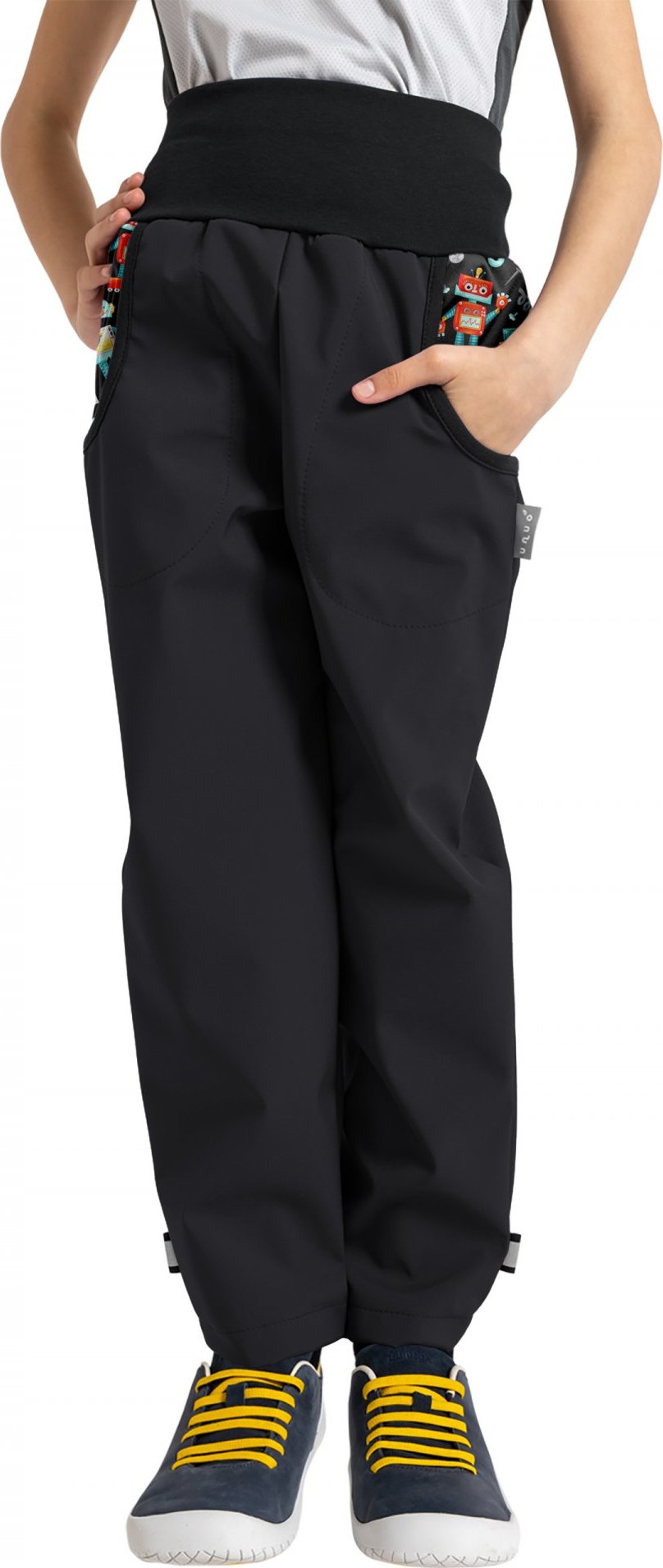Dětské softshellové kalhoty UNUO Basic s fleecem, černé, Roboti Velikost: 98/104