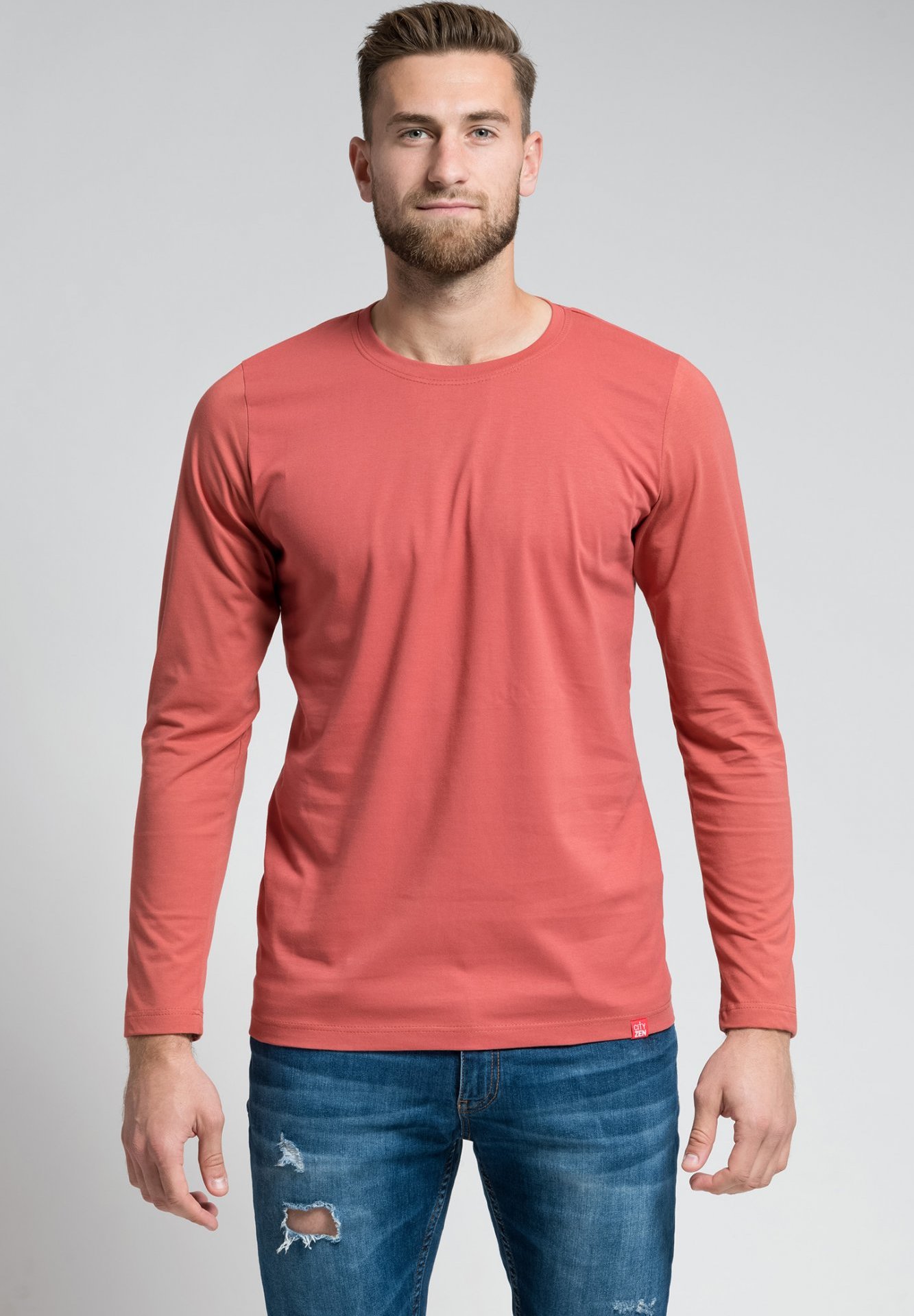 Pánské bavlněné triko CITYZEN dlouhý rukáv cihlové Velikost: 3XL