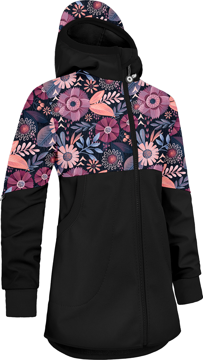 Dívčí softshellový kabát UNUO Street s fleecem, Černá, Kouzelné květiny Velikost: 116/122
