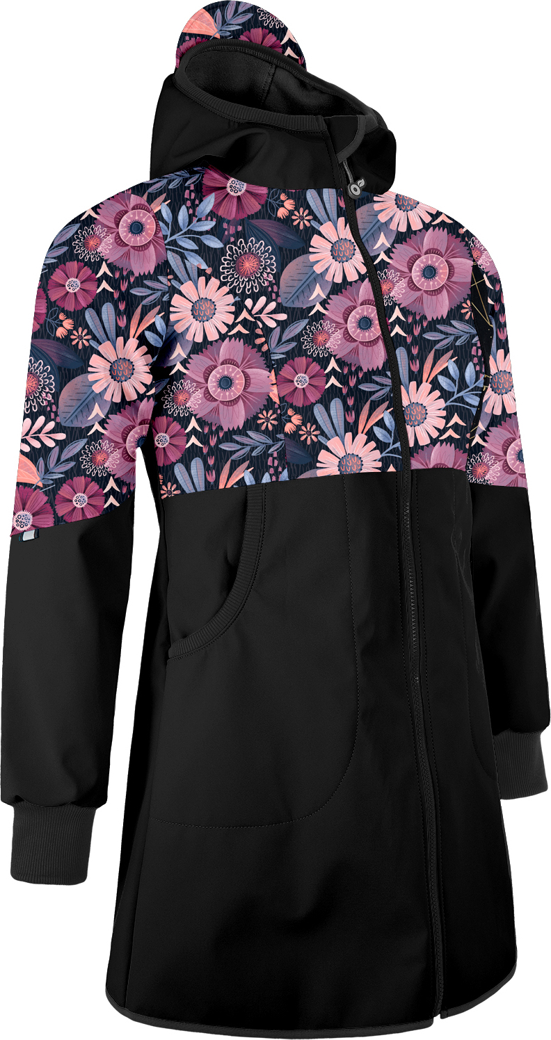 Dámský softshellový kabát UNUO Street s fleecem, Černá, Kouzelné květiny Velikost: 3XL