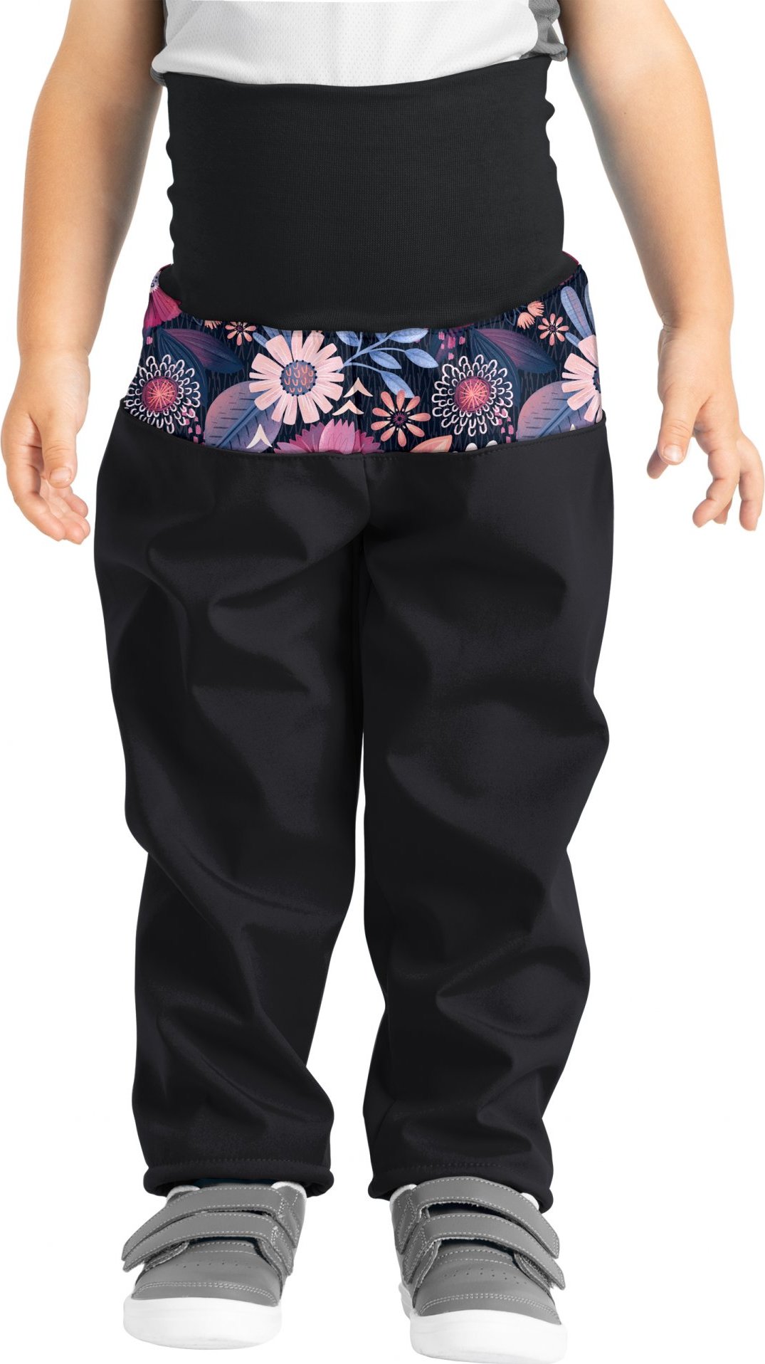 Batolecí softshellové kalhoty UNUO Basic s fleecem, Černá, Kouzelné květiny Velikost: 80/86