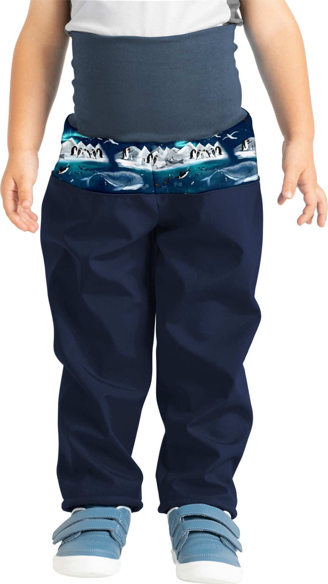 Batolecí softshellové kalhoty UNUO Basic s fleecem, modré, Tučňáci Velikost: 80/86