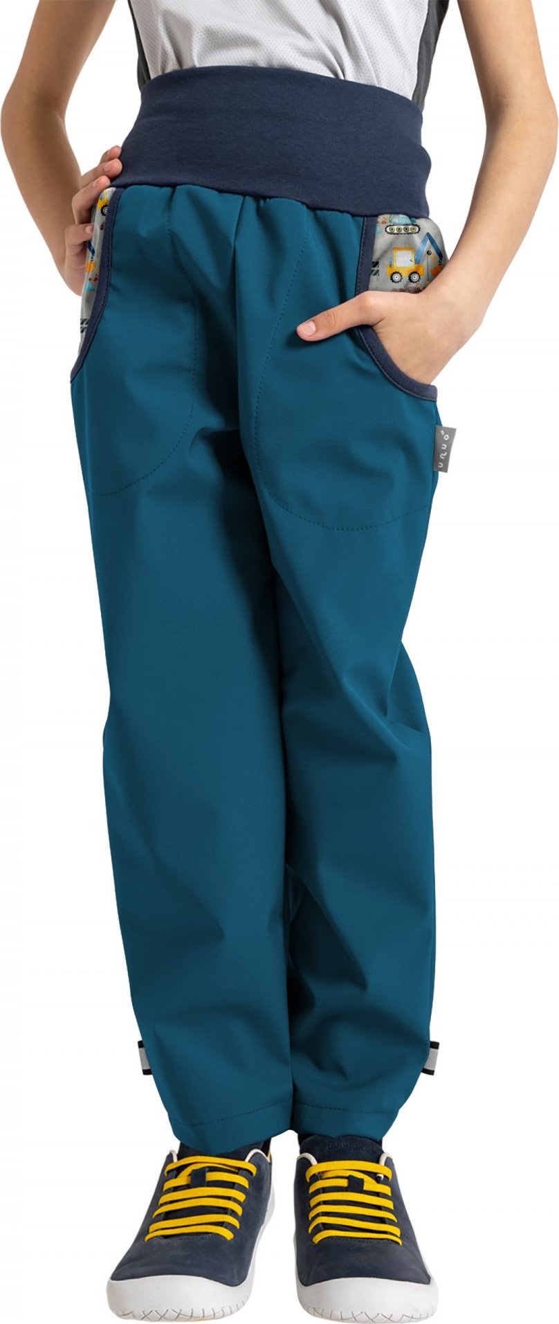Dětské softshellové kalhoty UNUO Basic s fleecem, kobaltová, Bagry Velikost: 110/116