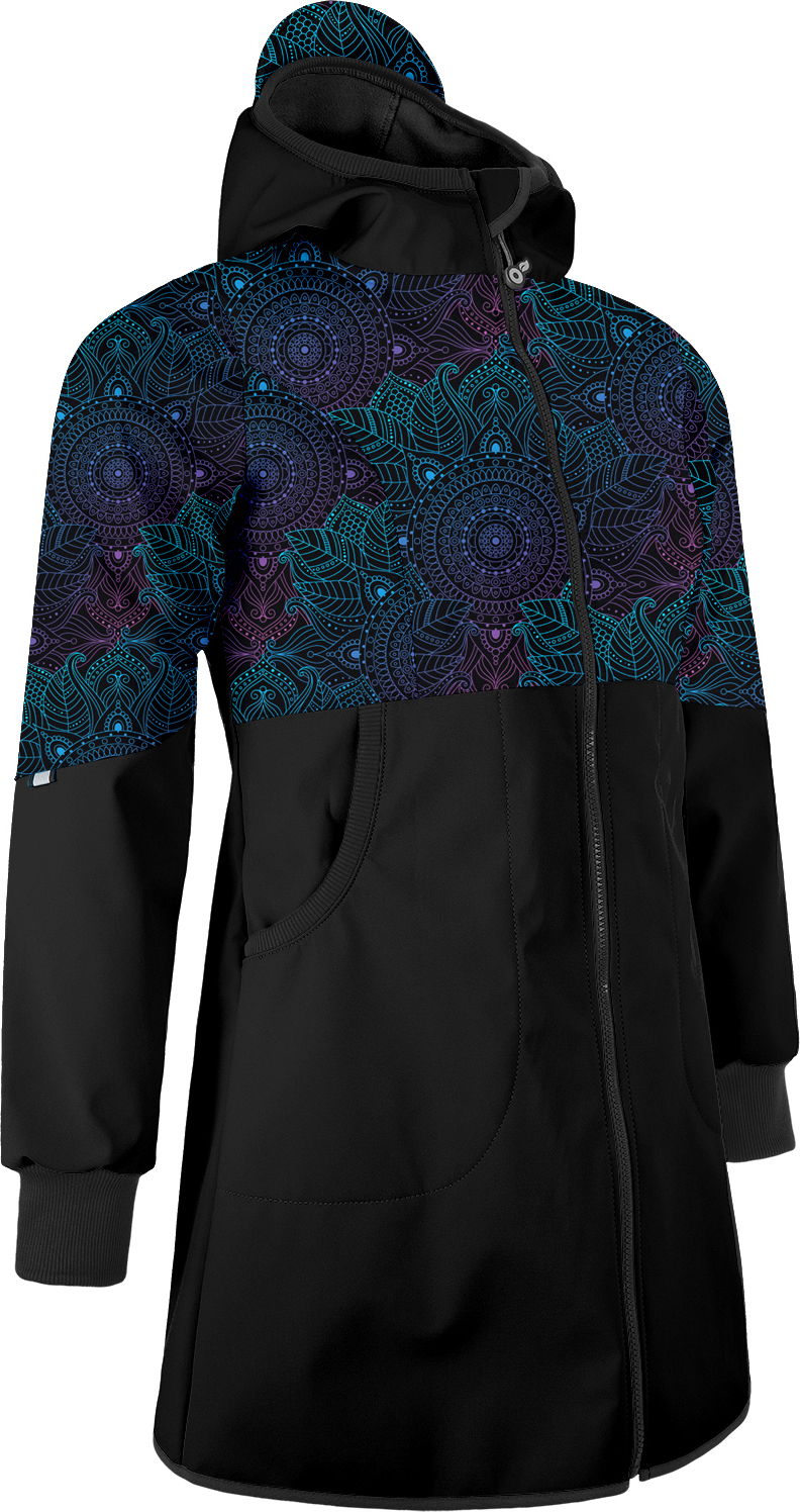 Dámský softshellový kabát UNUO s fleecem Street, Černá, Temná mandala Velikost: XL