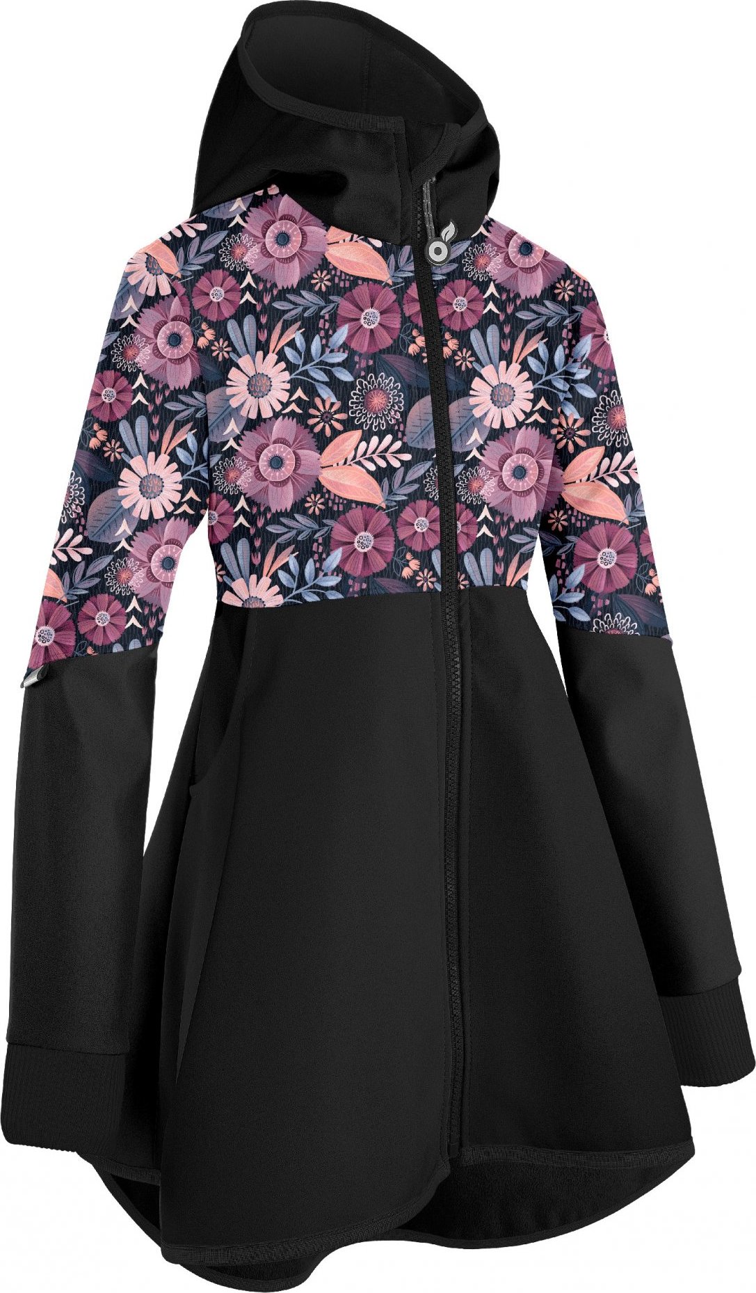 Dívčí softshellový kabát UNUO s fleecem Romantico, Černá, Kouzelné květiny Velikost: 98/104