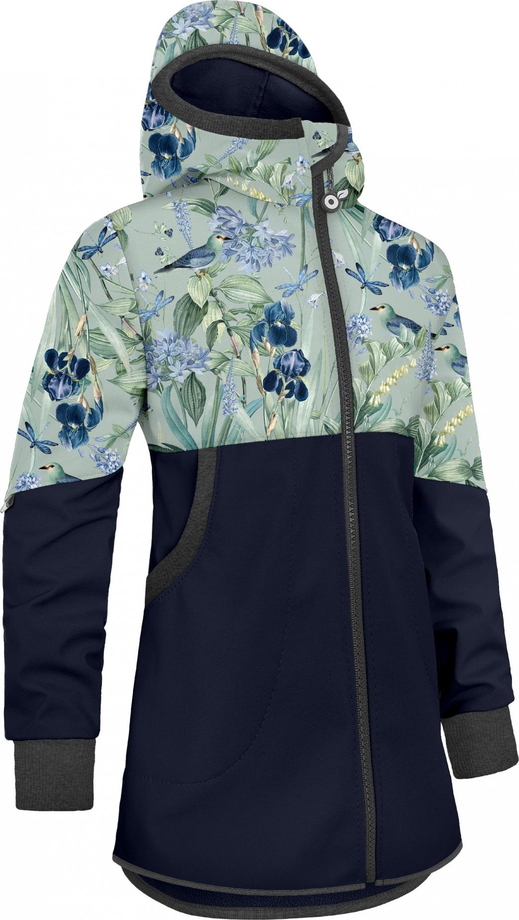 Dívčí softshellový kabát UNUO s fleecem Street, Tm. Modročerná, Ptáčci s kosatci Velikost: 158/164