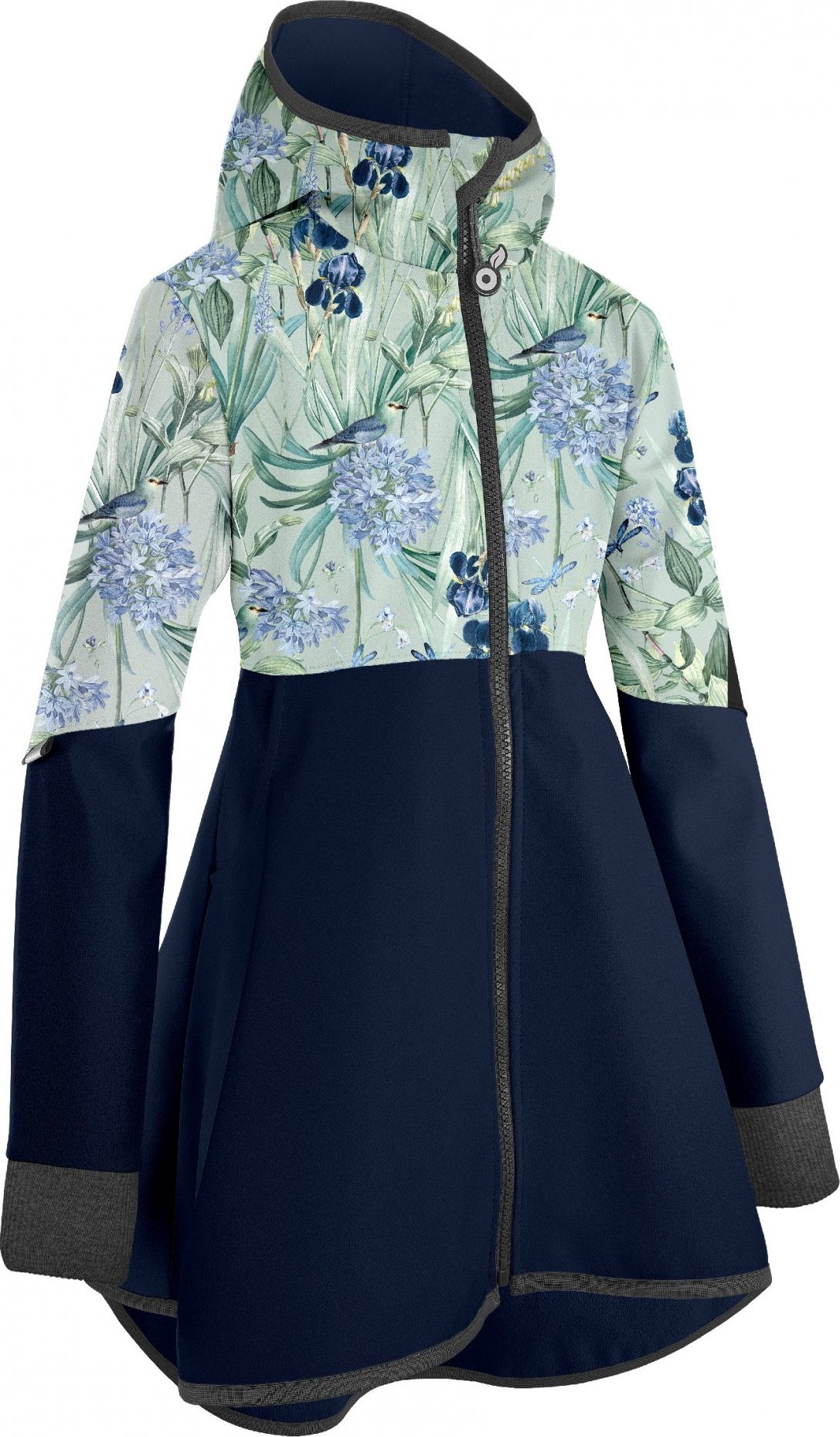Dívčí softshellový kabát UNUO s fleecem Romantico, Tm. Modročerná, Ptáčci s kosatci Velikost: 110/116